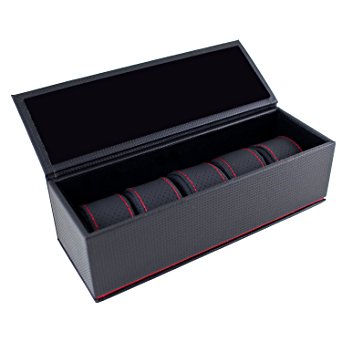 Caddy Bay Collection Carbon Fiber Pattern Watch Case Box Holds 5 Watches with Red Stripe/Stitching