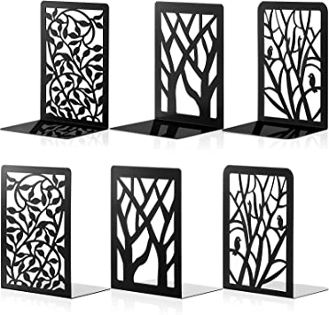 3 Pairs Metal Bookends Decorative Tree Book Holder Leaf Bookends Art Design Book Stopper for Book Divider Decorative Holder, Home, Office, School Supplies, Black