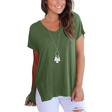 Women T Shirts - V Neck Tops Summer Basic Casual Loose Short Sleeve Tee with Side Split Solid Criss Cross