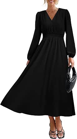 PRTTYGARDEN Womens Long Sleeve Maxi Dress 2024 Fall Trendy Elegant V Neck High Waist Flowy Wedding Guest Formal Long Dresses