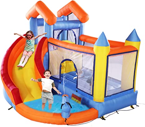 JAXPETY Inflatable Bounce House for Kids, Jump and Slide Bouncer Castle Activity Center for Children 3-10 w/ 680W Blower, Repair Kit, Trampoline, Splash Pool, Water Canon, Climb Wall