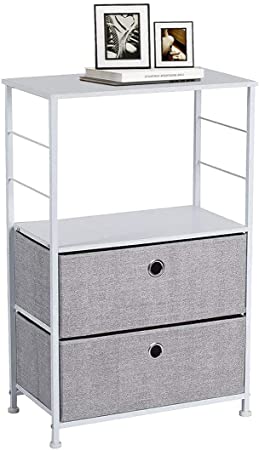 2 Drawers Nightstand with Shelves - LINKLIFE Fabric Closet Storage, Metal Frame, Wooden Top Dresser for Bedroom, Living Room, Hallway, Entryway, Closets & Nursery (Light Grey)