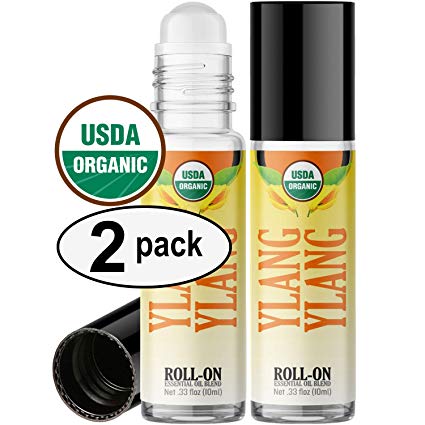 Organic Ylang Ylang Roll On Essential Oil Rollerball (2 Pack - USDA Certified Organic) Pre-diluted with Glass Roller Ball for Aromatherapy, Kids, Children, Adults Topical Skin Application - 10ml