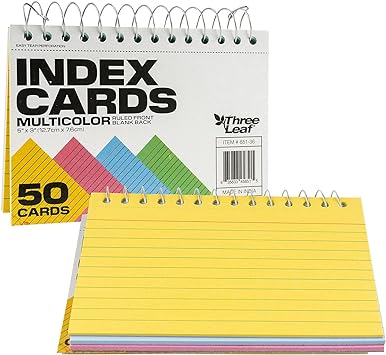 Spiral Bound Colored Index Card Books, 3x5-Inch, Ruled, Perforated, Assorted Bright Colors, 50 Cards per Book