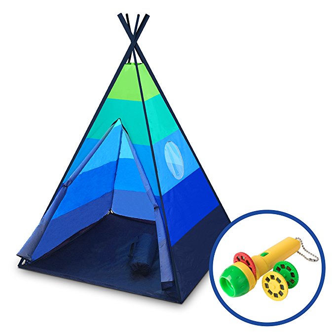 USA Toyz Kids Teepee Tent - “Happy Hut” Indoor Outdoor Teepee Tent for Kids w/ Safari Projector Light   EZ Pack Play Tent Tote for Kids Tent Travel (Blue)