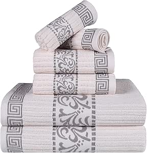 Superior Greek Pattern Decorative 6-Piece Towel Set, Absorbent Cotton, Decor for Bathroom, Spa, Resort, includes 2 Hand, 2 Face, and 2 Bath Towels, Home Essentials, Athens Collection, Ivory-Chrome