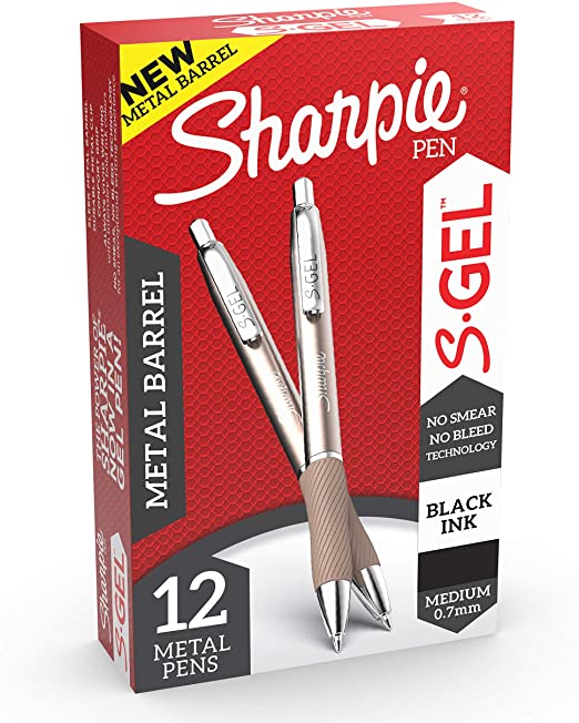 Sharpie S-Gel, Gel Pens, Sleek Metal Barrel, Champagne, Medium Point (0.7mm), Black Ink, 12 Count