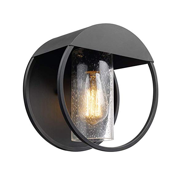 Globe Electric Neruda Outdoor Indoor Wall Sconce, Matte Black, Seeded Glass Shade 44335