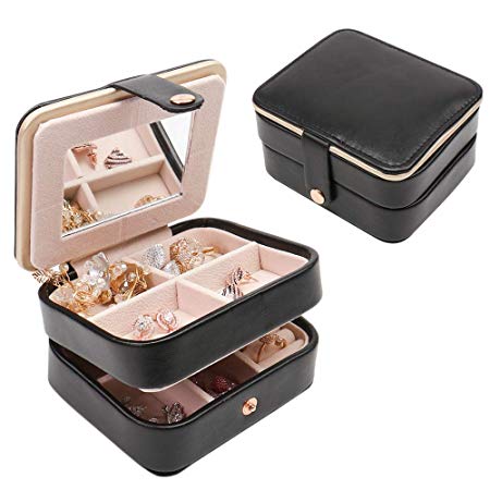 ELFTUNE Small Travel Jewelry Box Organizer Portable Jewelry, Earring Holder and Ring Storage Case for Travel with Premium Velvet Lining (Black)