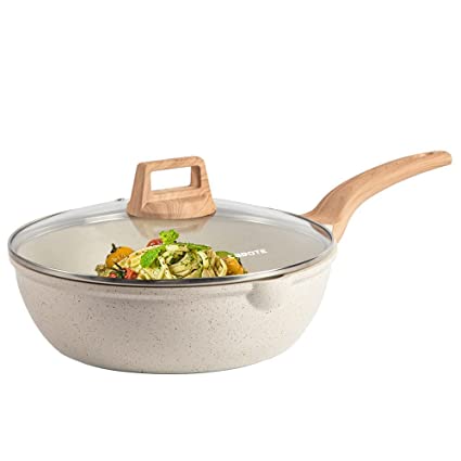 CAROTE Non Stick Kadai, Granite Kadai with Lid, Induction&Gas Kadhai, Saute Pan, Biriyani Pot, White, 28cm