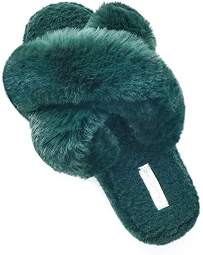 HALLUCI Women's Cross Band Soft Plush Fleece House Indoor or Outdoor Slippers