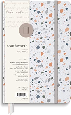 Southworth Premium Journal, 5.5”x 8.25”, Blue Terrazzo Design, Premium 28lb/105gsm Paper, Medium Book Bound Journal, Perforated Sheets and Page Corners, 3 Ribbon Placeholders, 160 Ruled Sheets (91924)