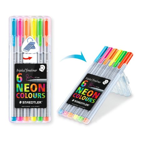 Triplus Fineliner Neon Coloring Pens in Case, 0.3mm, Metal Clad Tip, 6/PK, Assorted