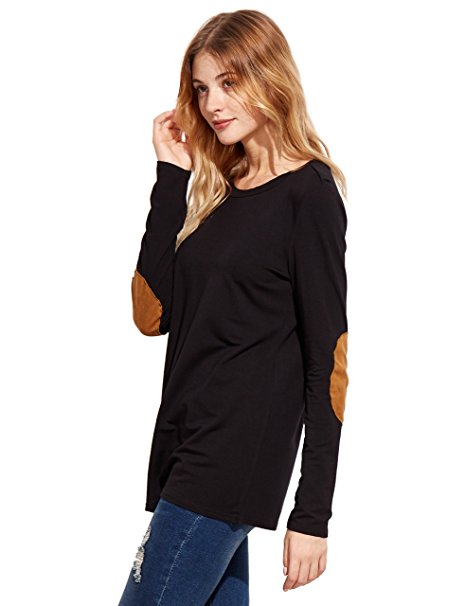 Romwe Women's Casual Loose Long Sleeve Elbow Patch T-Shirt Top