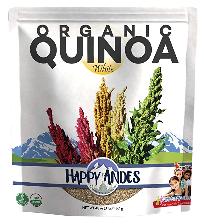 Happy Andes White Organic Quinoa 3 lbs - Non Gluten, Whole Grain - Ready to Cook Food for Oats & Seeds Recipes - Healthy Meal with Vitamins & Protein