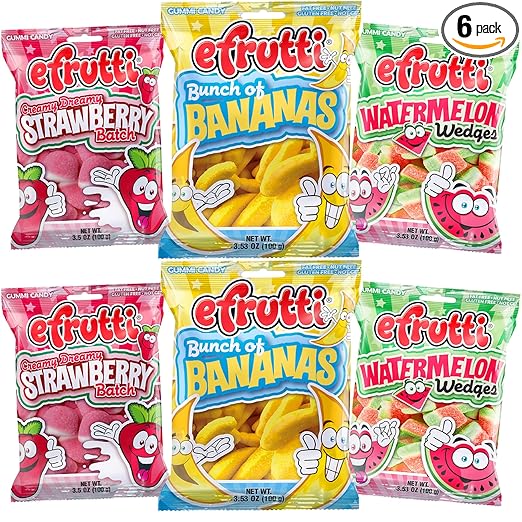 efrutti Gummy Candy with Sugar Coated Assorted Jelly Fruit Slices 3 Variety Fruity Flavors, Strawberry, Banana, and Watermelon. Total of 6 Pack Chewy Candies wedges