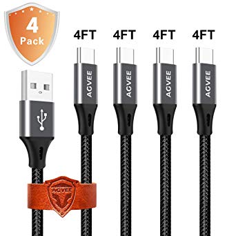3A Seamless End Tip USB C Cable [4 Pack 4ft], Agvee Heavy Duty Nylon Braided Type C Charger, Fast Charging Cable for Samsung Galaxy S9 S8 Note 8 LG V30 V20 Pixel 2 Gray Black