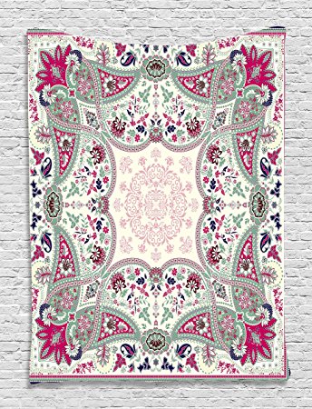 Ambesonne Paisley Wall Decor Collection, Damask Design Floral Ornamental Geometric and Square Print, Bedroom Living Girls Room Dorm Accessories Wall Hanging Tapestry, Magenta Pink Teal Navy Blue Cream