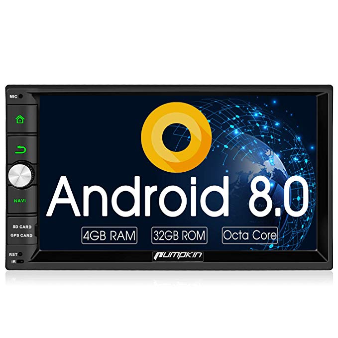 PUMPKIN Android 8.0 Car Stereo Double Din 4GB with GPS, WiFi, Android Auto, Support Fastboot, Backup Camera, AUX, 7 inch Touch Screen