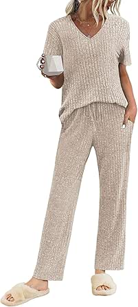 Ekouaer Womens Ribbed Knit Lounge Set Short Sleeve Top and Long Pants Sleepwear Pajama Set Two Piece Matching Outfits Set