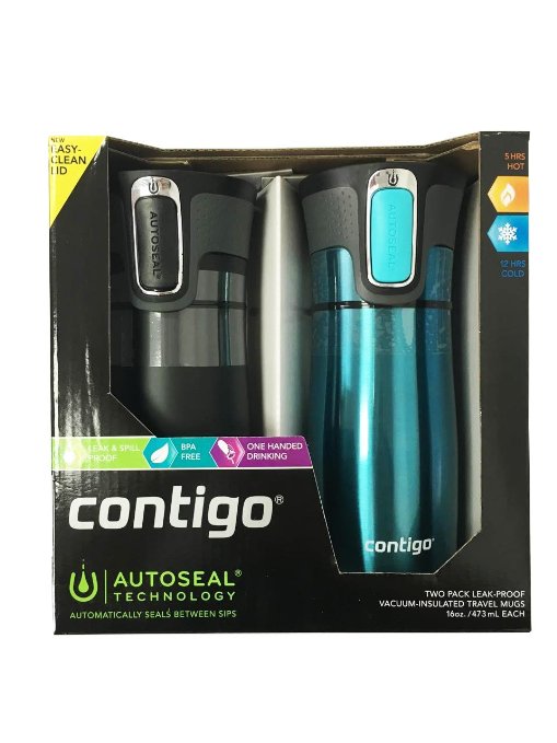 Contigo Autoseal Vacuum Insulated West Loop Stainless Steel Travel Mug with Easy-clean Lid Gift Set Matte Black and Turquoise 2-pack 16-ounce