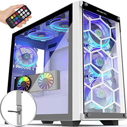 MUSETEX 2× USB 3.0,6 PCS ARGB Fans Mid- Tower Case with2 Tempered Glass Panels,Voice Remote Control,PC Gaming Case Computer Chassis Support E-ATX(MU3MS6W-NEW)