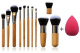 NEW 11 Piece Professional Makeup Brush Set with Premium Synthetic Hair and Natural Bamboo handles for Face Cheeks and Eyes plus includes a BONUS Complexion Beauty Sponge Blender