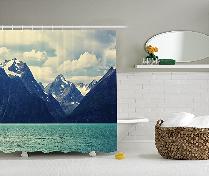 Nature Shower Curtain Snowy Decor by Ambesonne, Northern Norway Mountains and Atlantic Coastline Picture Print, Polyester Fabric Bathroom Shower Curtain Set with Hooks, 75 Inches Long, White Indigo