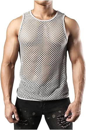 Men's Sleeveless Mesh Fishnet Muscle Top Hollow Out See Through T Shirts Crew Neck Tee Tank Tops 2024 Trendy Clubwear