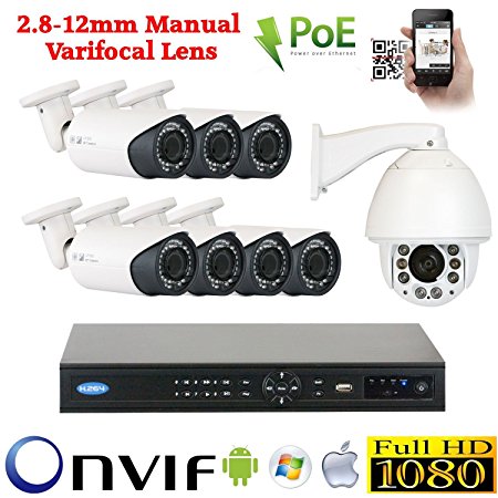 8 Channel 1080P IP Outdoor / Indoor NVR Security Camera System with 7 x 1080P IP PoE 2.8-12mm Bullet Cameras   1 x 1080P Auto Tracking IP PTZ 20X Optical Zoom Camera   1 x 8 Ports PoE Switch   Pre-installed 4TB Hard Drive