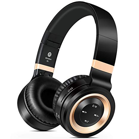 Sound Intone Bluetooth Headphones, Hi-Fi Stereo Wireless Headphones 40mm Driver Over Ear, Soft Memory-Protein Earmuffs, Built-in Mic, Support Wired/FM Radio/TF Card Playing(Black Gold)