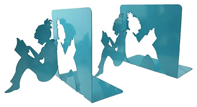 Winterworm 3D Paper-cut Little Girl Is Reading Patten Metal Bookends Book Ends For Kids Teenagers Teachers Students Adults Study Home School Library Office Decoration Birthday Christmas Gift (Blue)