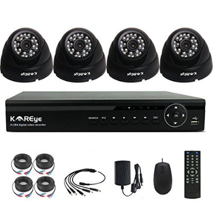 [4CH 1080N Security Camera System ] KAREye Outdoor Video Surveillance Camera System Motion Detection, IP66 Waterproof Cameras -Quick Remote Access Setup Free Mobile App: Xmeye( NO HDD)