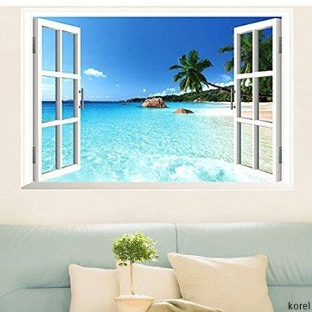 KOREL® Large Removable Beach Sea 3D Window Decal WALL STICKER Home Decor Exotic Beach View Art Wallpaper Mural