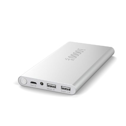 Tonicstar 10000mAh Portable Charger Power Bank Dual USB Port Phone Charger Ultra Slim Fast Charging with LED Flashlight Silver