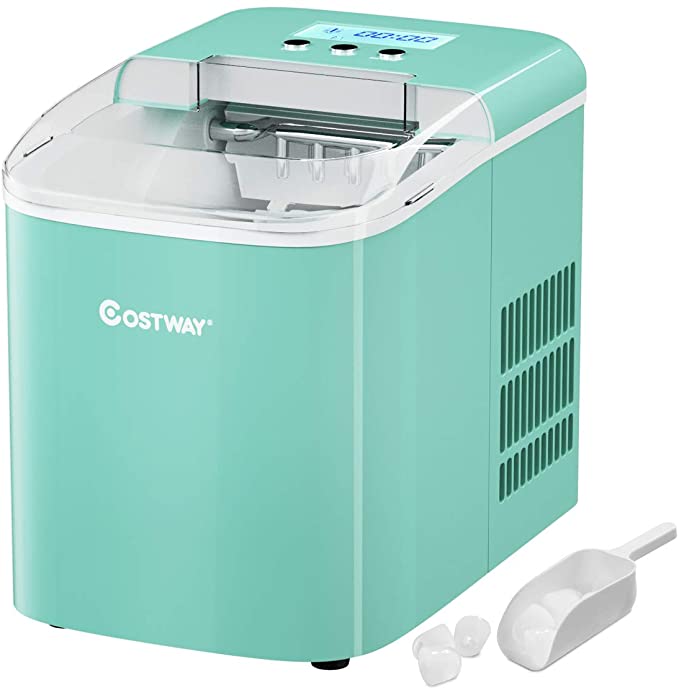 COSTWAY Countertop Ice Maker, 26LBS/24H with Self-clean Function, LCD Display, 9 Bullet Ice / 7 Mins, Portable and Compact Ice Machine with Ice Scoop and Basket, for Homes, Offices, Bars (Green)