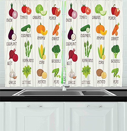 Ambesonne Kitchen Decor Collection, Vegetables Pattern Retro Design Pumpkin Tomato Cabbage Pepper Patato Cafe Home Decor, Window Treatments for Kitchen Curtains 2 Panels, 55X39 Inches, White Green Red