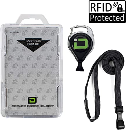 ID Stronghold Secure Badge Holder Duolite - RFID Blocking 2 Card ID Badge Holder with Lanyard and Retractable Reel - PIV, CAC and Work Cards - Heavy Duty Plastic Badge Protector - FIPS 201 Approved
