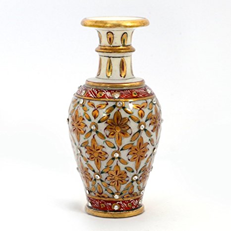 Indian Gift Emporium Modern Round Base Jaipuri Gold Painting Meenakari Marble Flower Vase HCF372