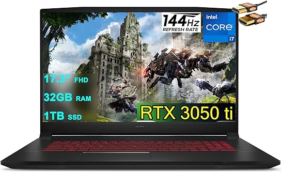 MSI Katana GF76 17 Gaming Laptop 17.3” FHD IPS 144Hz Display 11th Gen Intel 8-Core i7-11800H 32GB RAM 1TB SSD GeForce RTX 3050 Ti 4GB Backlit USB-C Nahimic Win10 Black   HDMI Cable