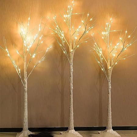 Set of 3 Lighted Birch Tree 4FT 6FT and 4FT, Higher & Timer Function, Birch Christmas Tree with 144 LED Warm White Lights for Indoor Christmas Decorations Outdoor Yard Garden Home Bedroom Party