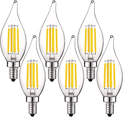 Luxrite Vintage Candelabra LED Bulb 60W Equivalent, 550 Lumens, 3000K Soft White, LED Chandelier Light Bulbs 5W, Dimmable, Flame Tip Clear Glass, Filament LED Candle Bulbs, E12 Base (6 Pack)