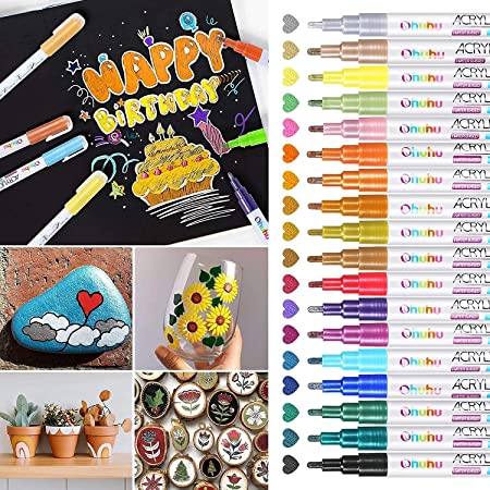 Acrylic Paint Pens, Ohuhu 18 Metallic Colours Acrylic Pens, Dual Tip and Waterproof for Rock Painting, Porcelain, Glass, Stones, Pebbles, Fabric, Wood & DIY Mug Design