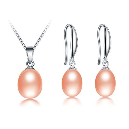 Freshwater Cultured Genuine Pearls Jewelry Set with Necklace & Drop Earrings by DIAMOVI - Top Quality 925 Sterling Silver - Stunning Wedding Bridal Jewelry - Luxury Fashion Style - Pink