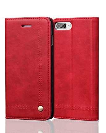 iPhone 7 Plus Case, AOFU [Slim Fit] [Kickstand Feature] PU Leather Heavy Duty Protective Shockproof Flip Wallet Case for Apple iPhone 7 Plus-Red