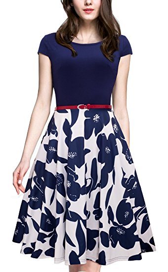 HOMEYEE Women's 1950s Vintage Elegant Cap Sleeve Swing Party Dress A009