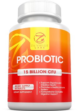 Probiotics for Men Women and Children - 10 Strains and 15 Billion CFU - 60 Vegetarian Tablets - All Natural Probiotic to help Improve Mood, Relieve Digestive Disorders and Promote Weight Loss
