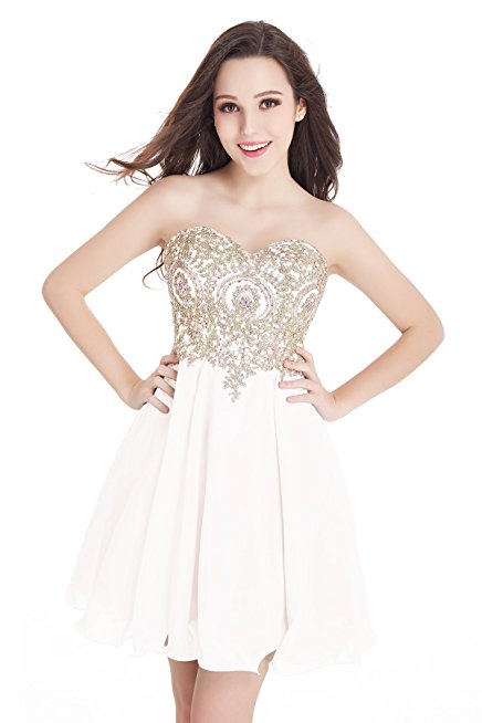 Babyonline Junior's Gold Lace Applique Short Quinceanera Homecoming Dresses