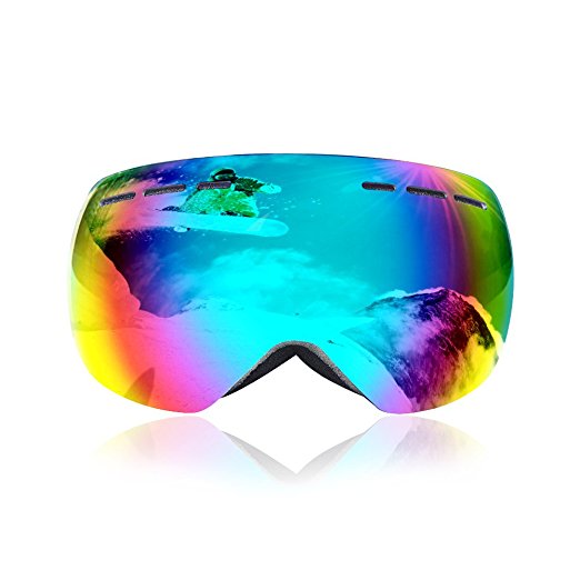 WOLFBIKE OTG Ski Goggles Frameless Spherical Dual Lens Anti-fog UV Protection Windproof Skiing Snowboard Eyewear with Adjustable Strap and Black Goggle Case