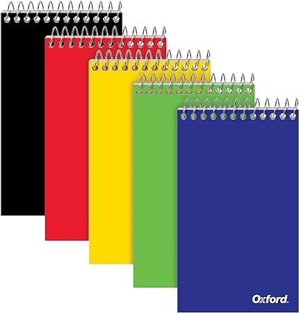 Oxford Spiral Memo Pads, Top Wire Bound, 3 x 5 Inch Pocket Notepad, College Ruled, Assorted Primary Colors, 75 Sheets, 5 Pack (25091)